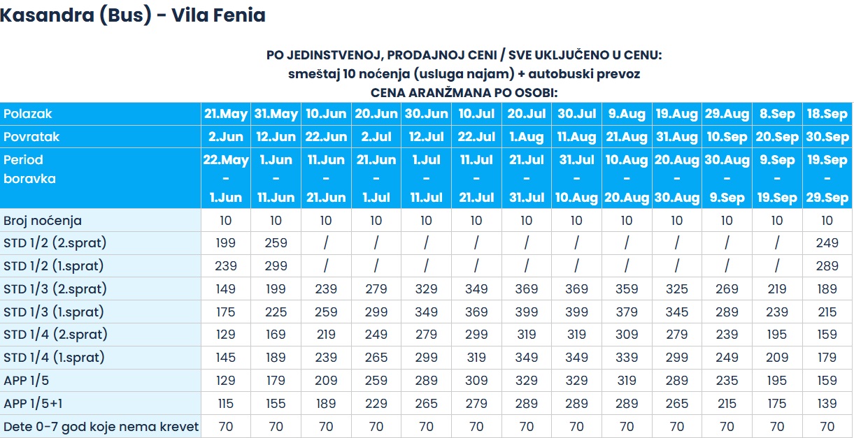 vila fenia hanioti cenovnik autobuskii prevoz Cenovnik