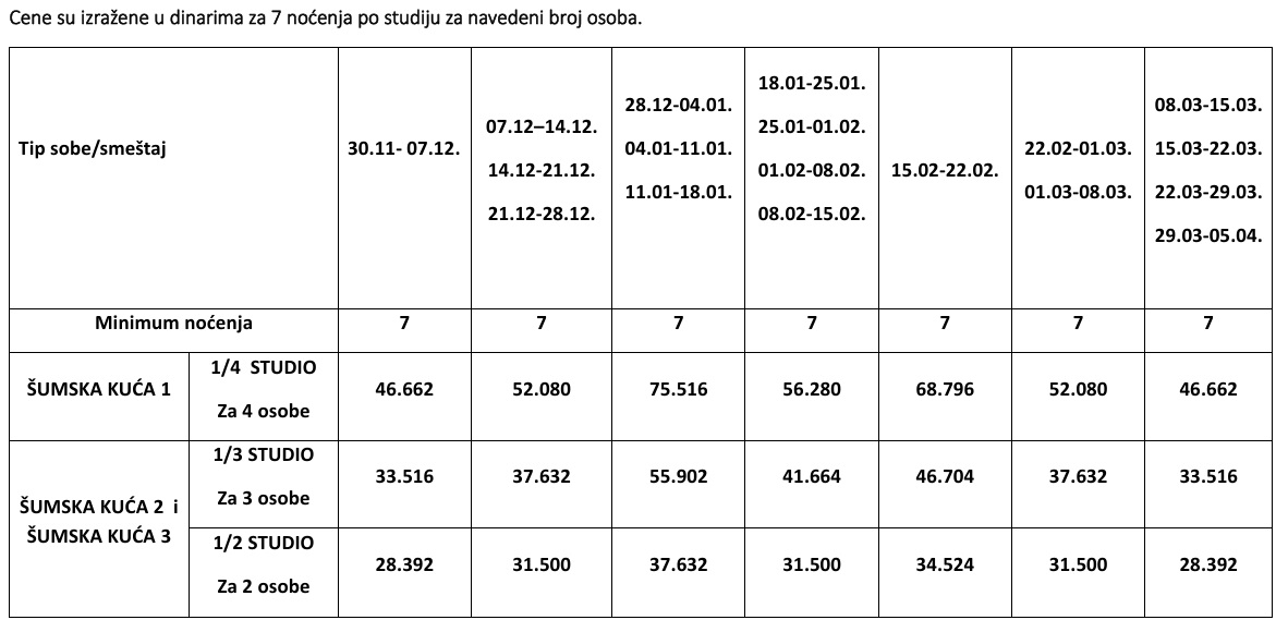 apartmani šumarstvo kopaonik zima 25-26 cenovnik