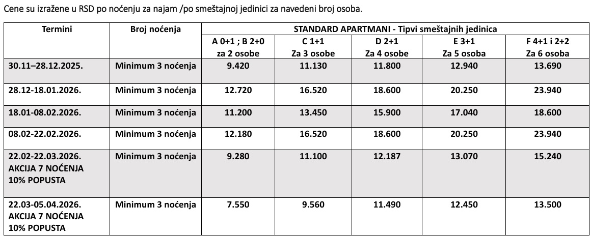 JAT APARTMANI STANDARD CENOVNIK ZIMA 2026 Cenovnik