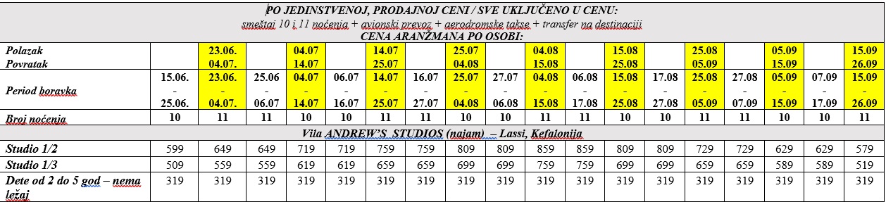 vila andrews studio kefalonija avio cenovnik Cenovnik