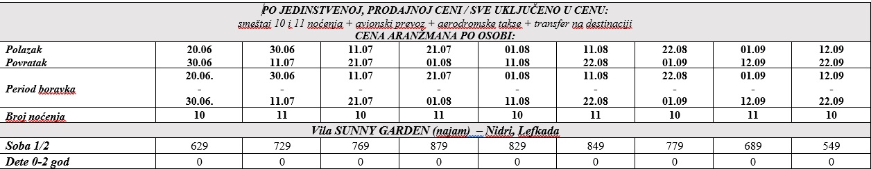 vila sunny garden lefkada avio cenovnik Cenovnik