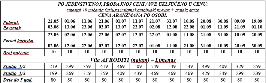 vila afroditi tasos bus prevoz cenovnik Cenovnik
